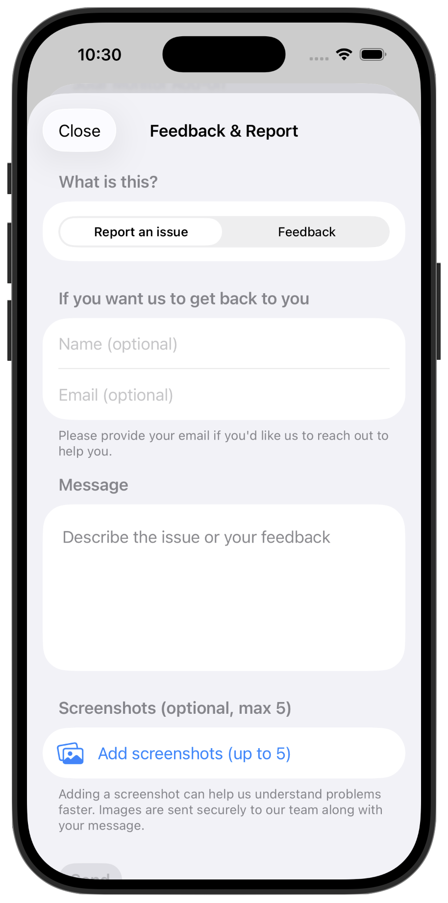 Sunflower app Feedback & Report screen showing options to report an issue or submit feedback, along with fields for your name, email, and message