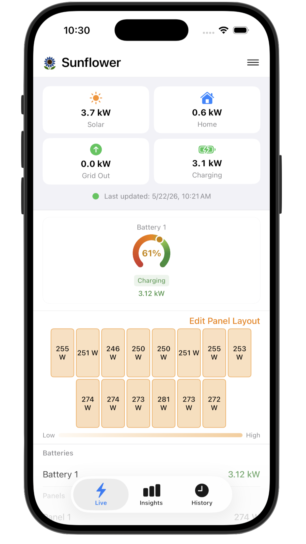 Sunflower app Live tab showing solar production, home consumption, grid import/export, and battery charge